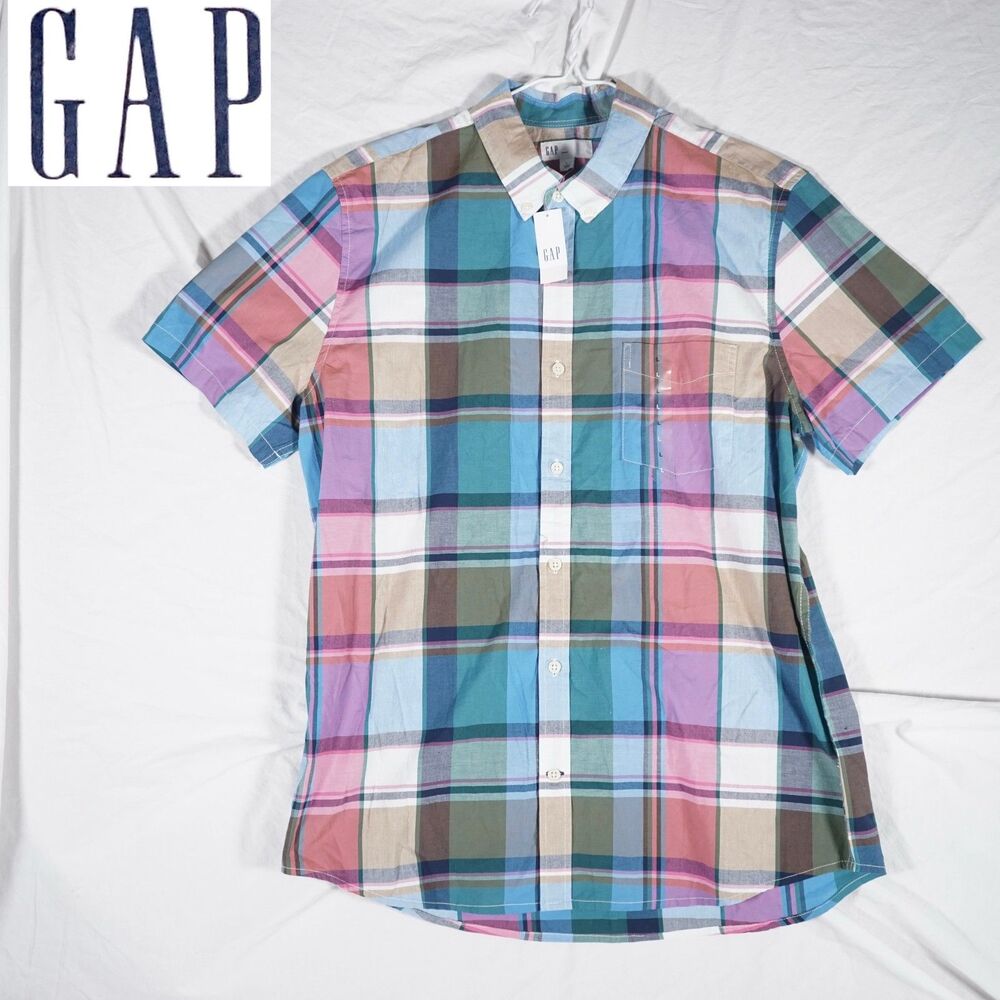 Gap Madras Button Up Shirt NWT Short Sleeve Plaid Multicolor Large